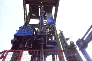Sonic Drilling head with Eijkelkamp branding, beneath the headworks at Barony A-Frame